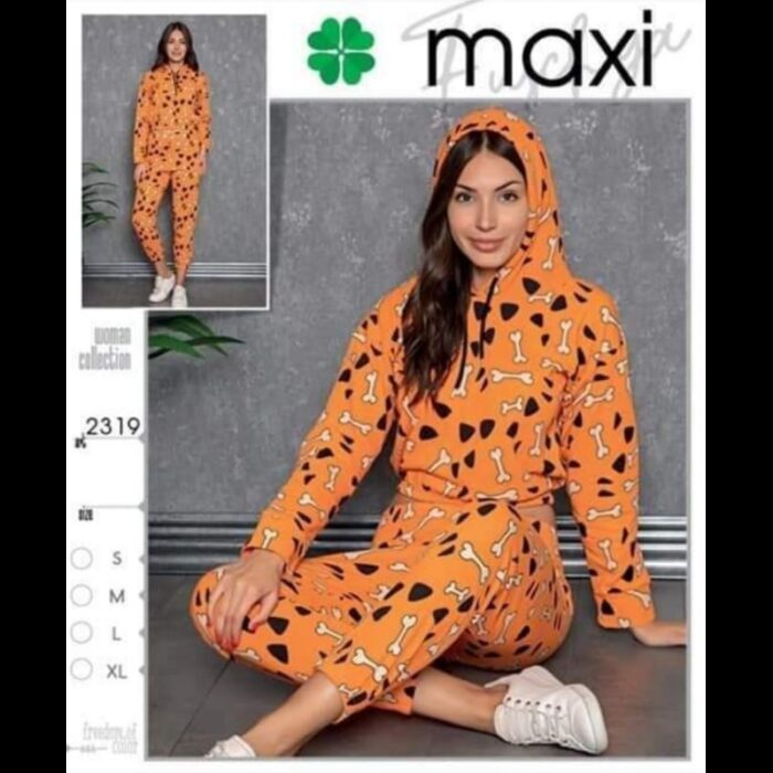 1033752248_67dc6c2171345 بجامة قطعتين مع هودي بتصميم رسومات عظم للنساء لون برتقالي - الصورة 1
