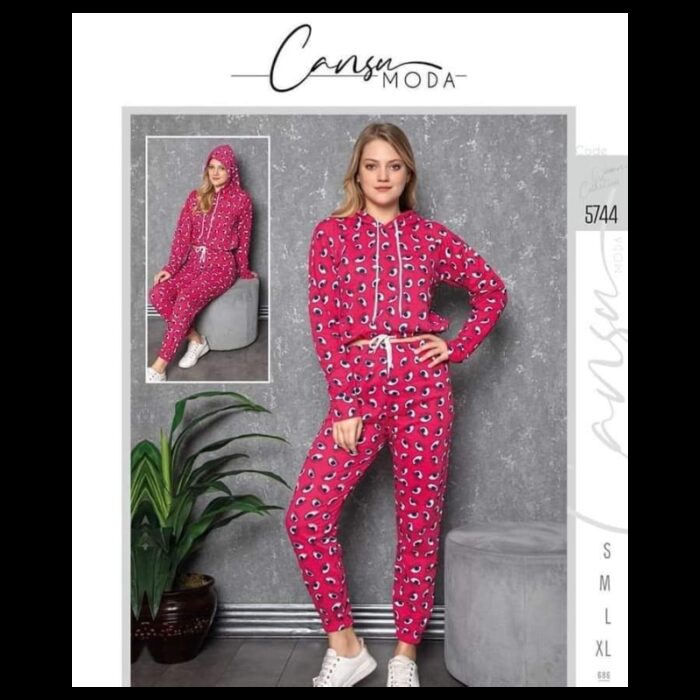 1033752252_67dc6c2480876 بجامة قطعتين مع هودي بتصميم عيون للنساء لون فوشي - الصورة 1