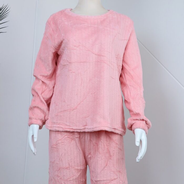 ⁦بجامة فرو بأكمام طويلة مخطط طولي للنساء لون زهري⁩ - الصورة ⁦2⁩