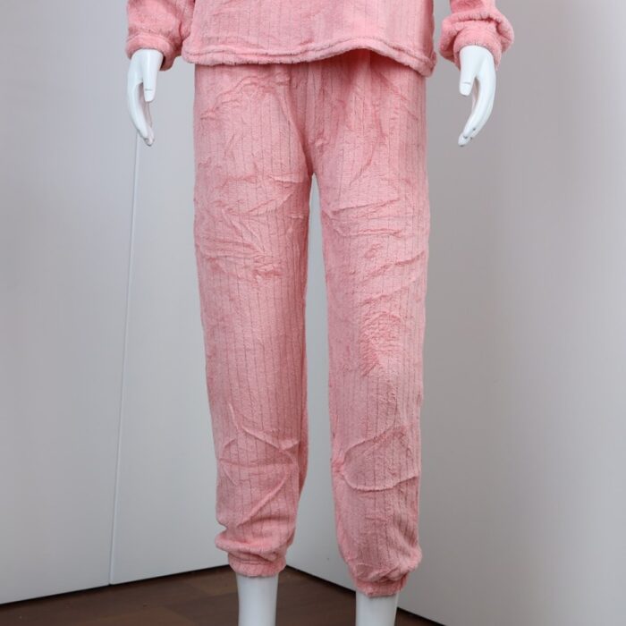 ⁦بجامة فرو بأكمام طويلة مخطط طولي للنساء لون زهري⁩ - الصورة ⁦3⁩