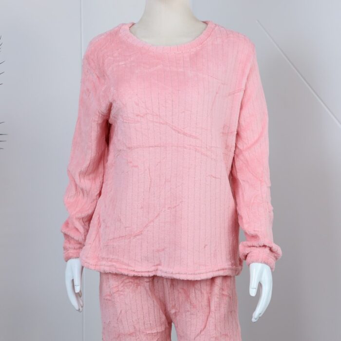 ⁦بجامة فرو بأكمام طويلة مخطط طولي للنساء لون زهري⁩ - الصورة ⁦8⁩