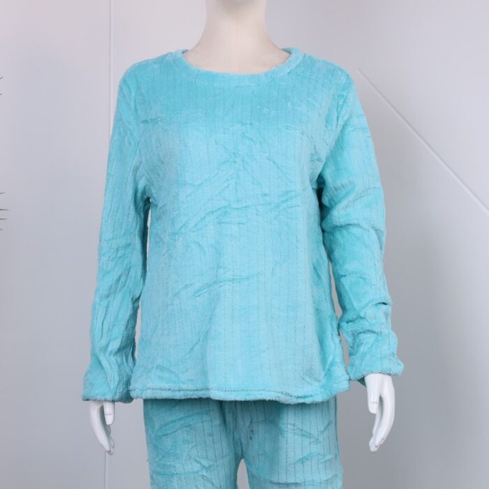 ⁦بجامة فرو بأكمام طويلة مخطط طولي للنساء لون تركواز⁩ - الصورة ⁦2⁩