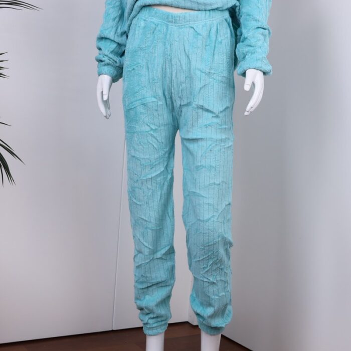 ⁦بجامة فرو بأكمام طويلة مخطط طولي للنساء لون تركواز⁩ - الصورة ⁦10⁩