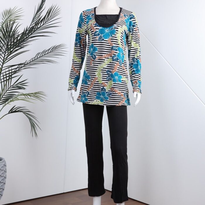 1033752947_67dc701e7b6f4 بجامة بأكمام طويلة بتصميم نقشة مغربية ورد مخطط عرضي لون أزرق وأسود - الصورة 1