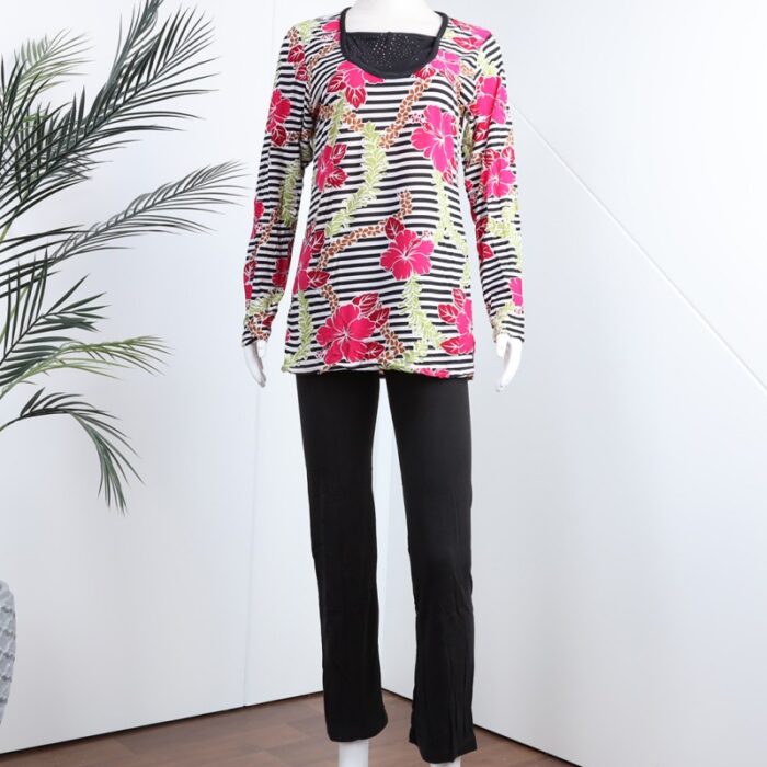 1033752948_67dc7023eecde بجامة بأكمام طويلة بتصميم نقشة مغربية ورد مخطط عرضي لون زهري وأسود - الصورة 1