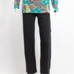 ⁦بجامة بأكمام طويلة بتصميم نقشة مغربية ورد مخطط عرضي لون أخضر وأسود⁩ - الصورة ⁦3⁩