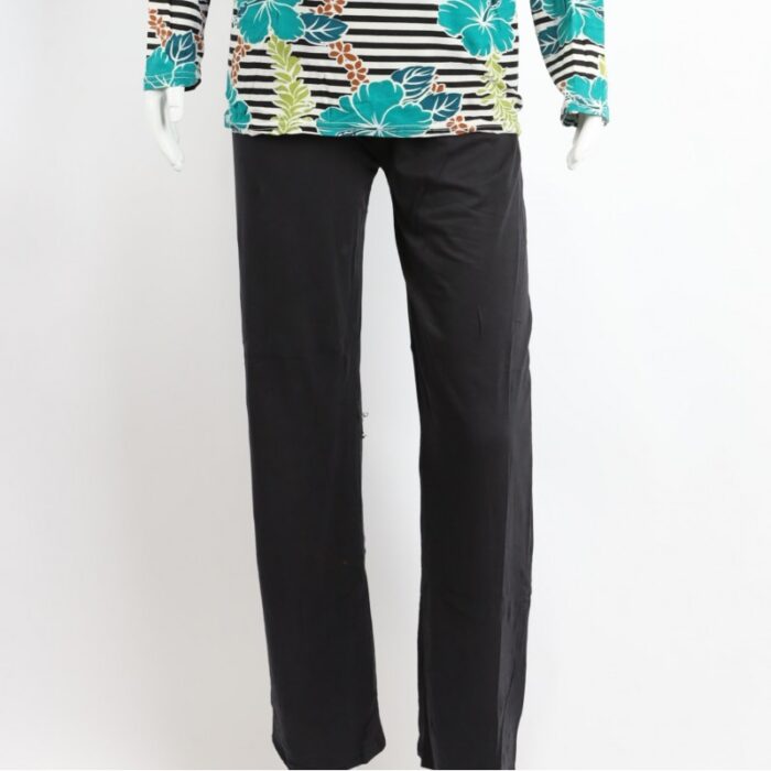 ⁦بجامة بأكمام طويلة بتصميم نقشة مغربية ورد مخطط عرضي لون أخضر وأسود⁩ - الصورة ⁦3⁩