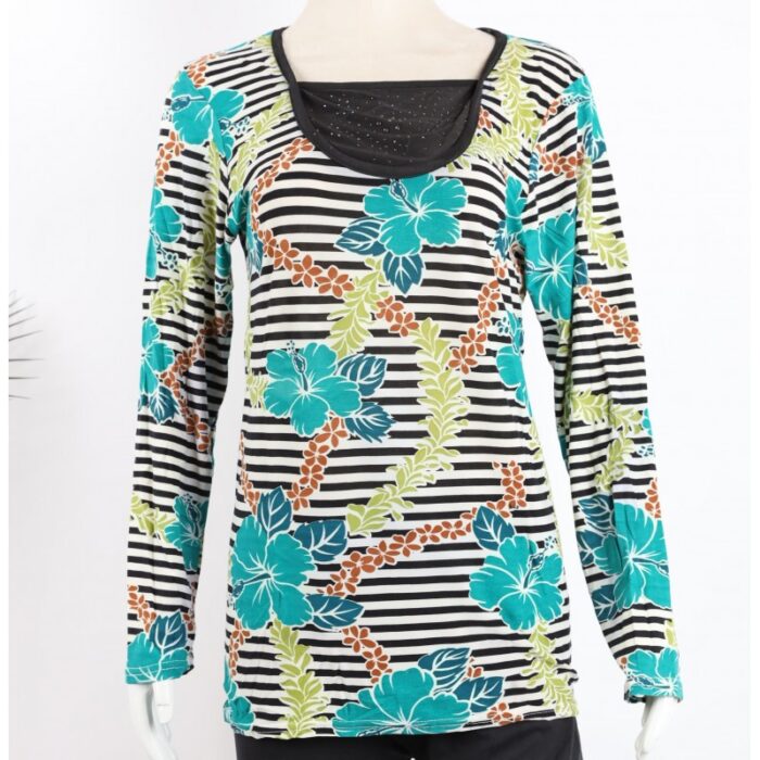 ⁦بجامة بأكمام طويلة بتصميم نقشة مغربية ورد مخطط عرضي لون أخضر وأسود⁩ - الصورة ⁦5⁩