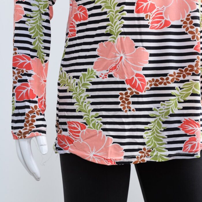 ⁦بجامة بأكمام طويلة بتصميم نقشة مغربية ورد مخطط عرضي لون برتقالي وأسود⁩ - الصورة ⁦5⁩