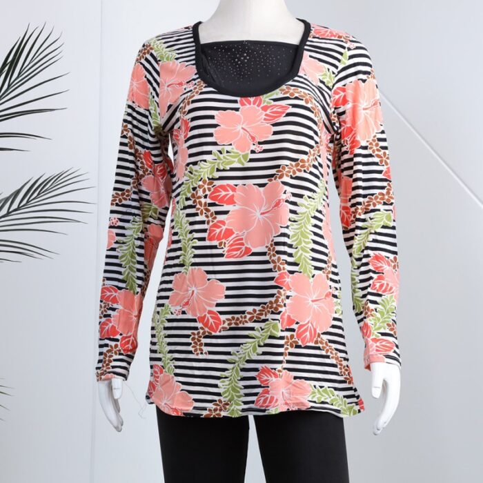 ⁦بجامة بأكمام طويلة بتصميم نقشة مغربية ورد مخطط عرضي لون برتقالي وأسود⁩ - الصورة ⁦8⁩