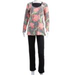 ⁦بجامة بأكمام طويلة بتصميم نقشة مغربية ورد مخطط عرضي لون برتقالي وأسود⁩ - الصورة ⁦11⁩