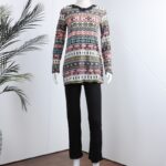 بجامة بأكمام طويلة بتصميم نقشة مغربية للنساء لون زهري فاتح وأسود