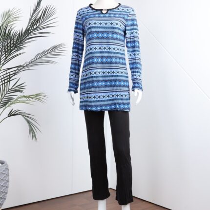 بجامة بأكمام طويلة بتصميم نقشة مغربية للنساء لون أزرق وأسود