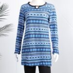 ⁦بجامة بأكمام طويلة بتصميم نقشة مغربية للنساء لون أزرق وأسود⁩ - الصورة ⁦9⁩