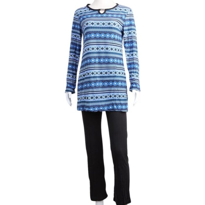 ⁦بجامة بأكمام طويلة بتصميم نقشة مغربية للنساء لون أزرق وأسود⁩ - الصورة ⁦10⁩