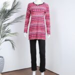 بجامة بأكمام طويلة بتصميم نقشة مغربية للنساء لون زهري وأسود