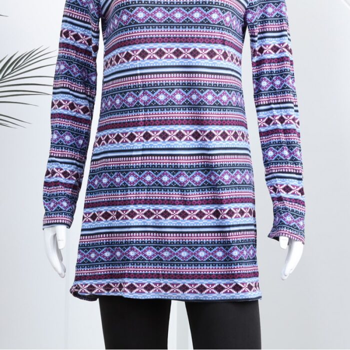 ⁦بجامة بأكمام طويلة بتصميم نقشة مغربية للنساء لون بنفسجي وأسود⁩ - الصورة ⁦2⁩