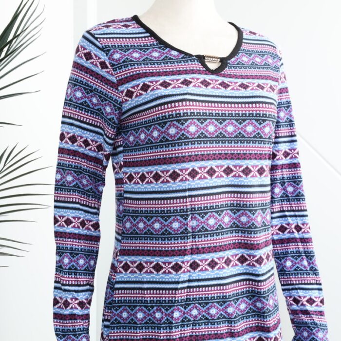 ⁦بجامة بأكمام طويلة بتصميم نقشة مغربية للنساء لون بنفسجي وأسود⁩ - الصورة ⁦4⁩