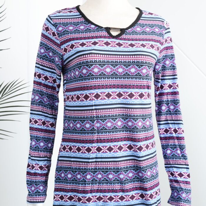 ⁦بجامة بأكمام طويلة بتصميم نقشة مغربية للنساء لون بنفسجي وأسود⁩ - الصورة ⁦5⁩