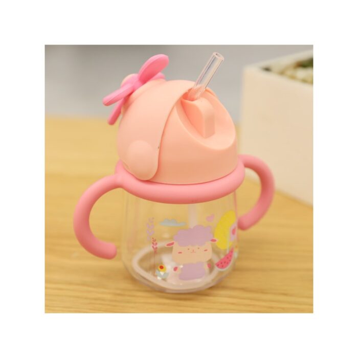 ⁦كأس بلاستيك مع مصاصة بمقابض زهري سعة 260 مل⁩ - الصورة ⁦2⁩