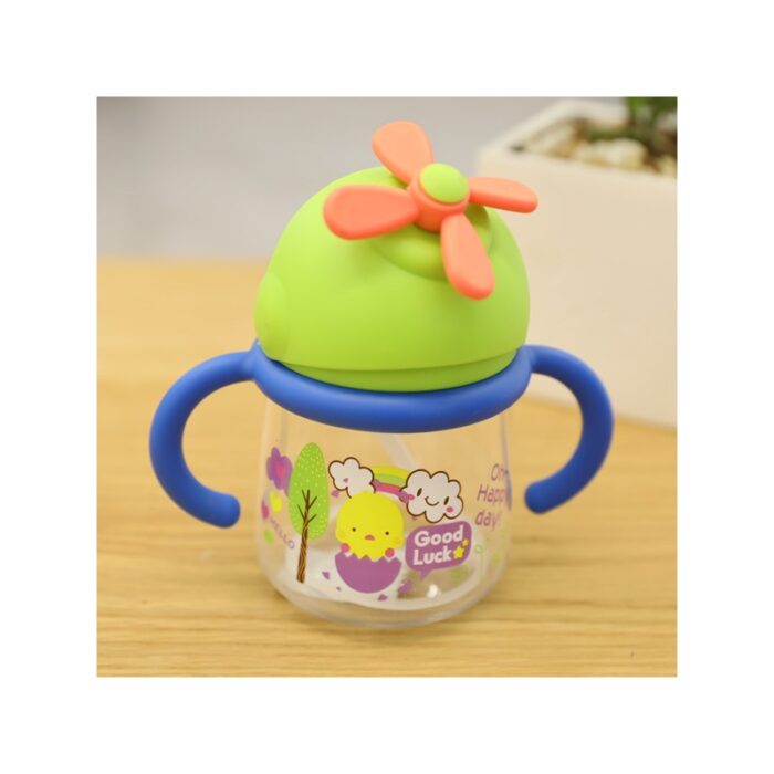 ⁦كأس بلاستيك مع مصاصة بتصميم Good Luck بمقابض أزرق سعة 260 مل⁩ - الصورة ⁦2⁩