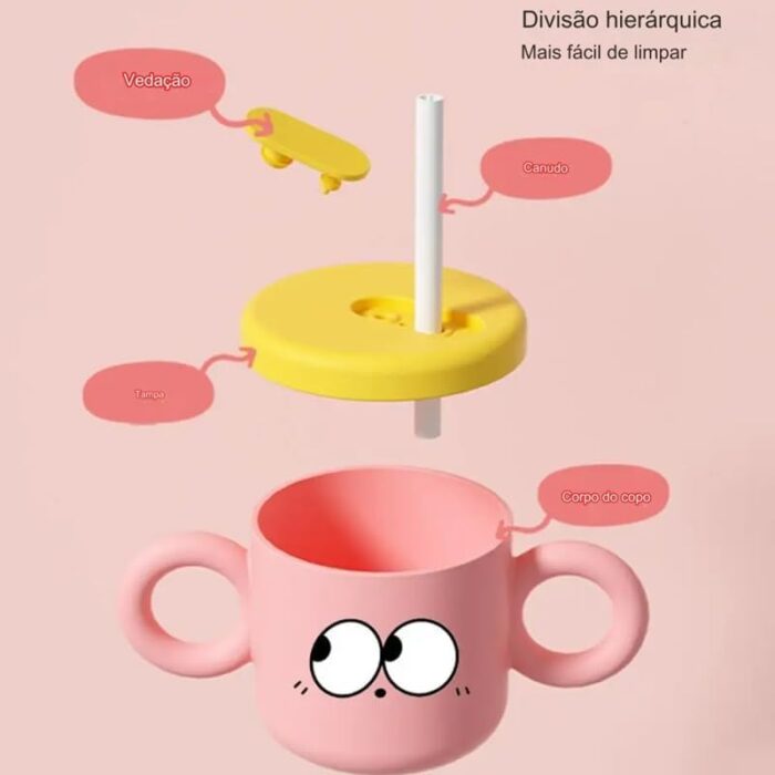 ⁦كأس بلاستيك بمصاصة مع غطاء سيلكون أصفر بمقابض لون زهري سعة 240 مل⁩ - الصورة ⁦3⁩