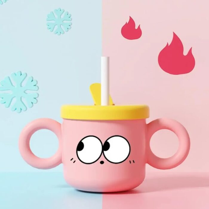 ⁦كأس بلاستيك بمصاصة مع غطاء سيلكون أصفر بمقابض لون زهري سعة 240 مل⁩ - الصورة ⁦4⁩