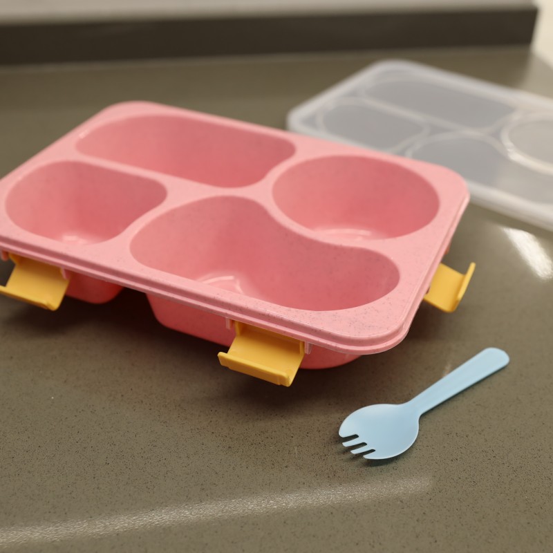 ⁦لانش بوكس بلاستيك مع ملعقة حجم 23.5×17.5 سم لون زهري⁩ - الصورة ⁦1⁩