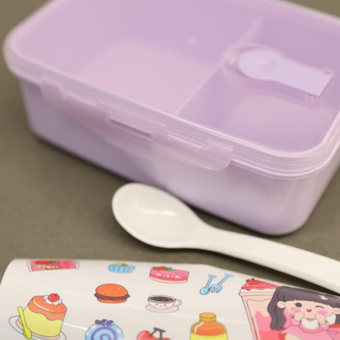 ⁦لانش بوكس بلاستيك مع ملعقة حجم 16.5×11 سم لون بنفسجي⁩ - الصورة ⁦5⁩