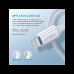 ⁦كابل شاحن من جي جرين طول 1 متر لون أبيض- UGREEN MFi USB-C to Lightning Charging Cable⁩ - الصورة ⁦5⁩