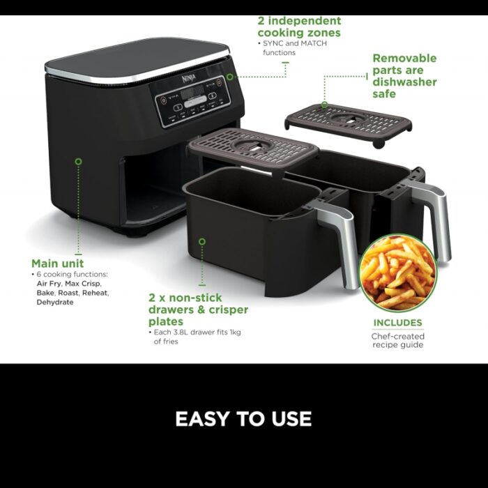 ⁦Ninja Foodi Dual Zone Air Fryer- AF300EU-مقلى هوائي من نينجا بجارورين سعة 7.6 لتر⁩ - الصورة ⁦2⁩