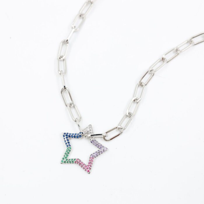 ⁦سلسال فضي بتصميم نجمة زركون ملون⁩ - الصورة ⁦3⁩
