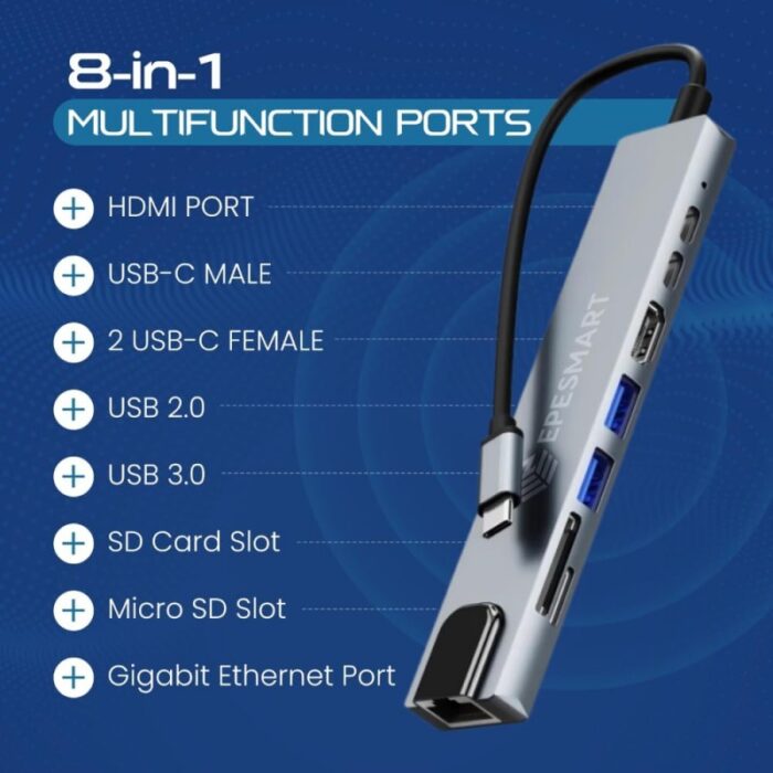 ⁦موزع ب 8 منافذ multi function hub type c jack 8 in 1⁩ - الصورة ⁦2⁩