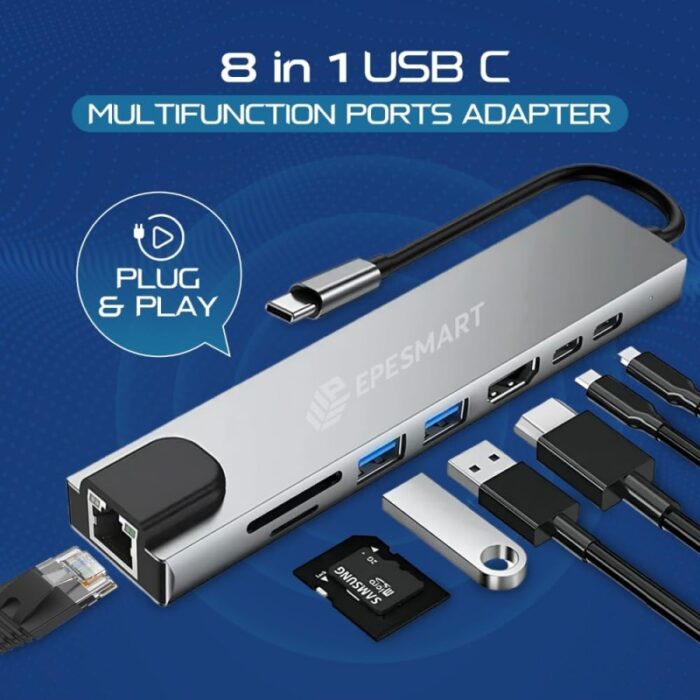 ⁦موزع ب 8 منافذ multi function hub type c jack 8 in 1⁩ - الصورة ⁦3⁩