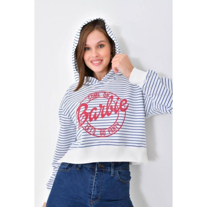 ⁦بلوزة خريفية مع طاقية مخططة لون أزرق⁩ - الصورة ⁦2⁩