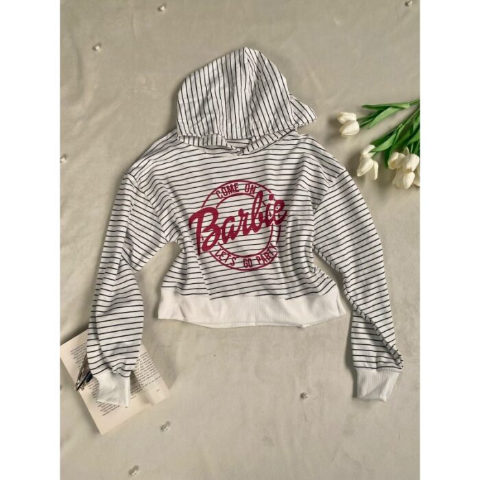 ⁦بلوزة خريفية مع طاقية مخططة لون أسود⁩ - الصورة ⁦2⁩