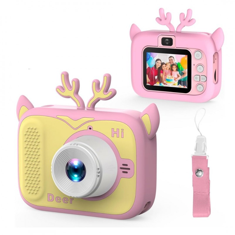 ⁦كاميرا أطفال بتصميم غزال لون أصفر وزهري⁩ - الصورة ⁦1⁩