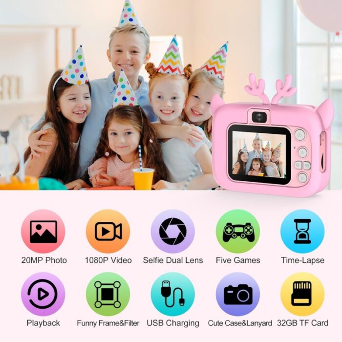 ⁦كاميرا أطفال بتصميم غزال لون أصفر وزهري⁩ - الصورة ⁦2⁩