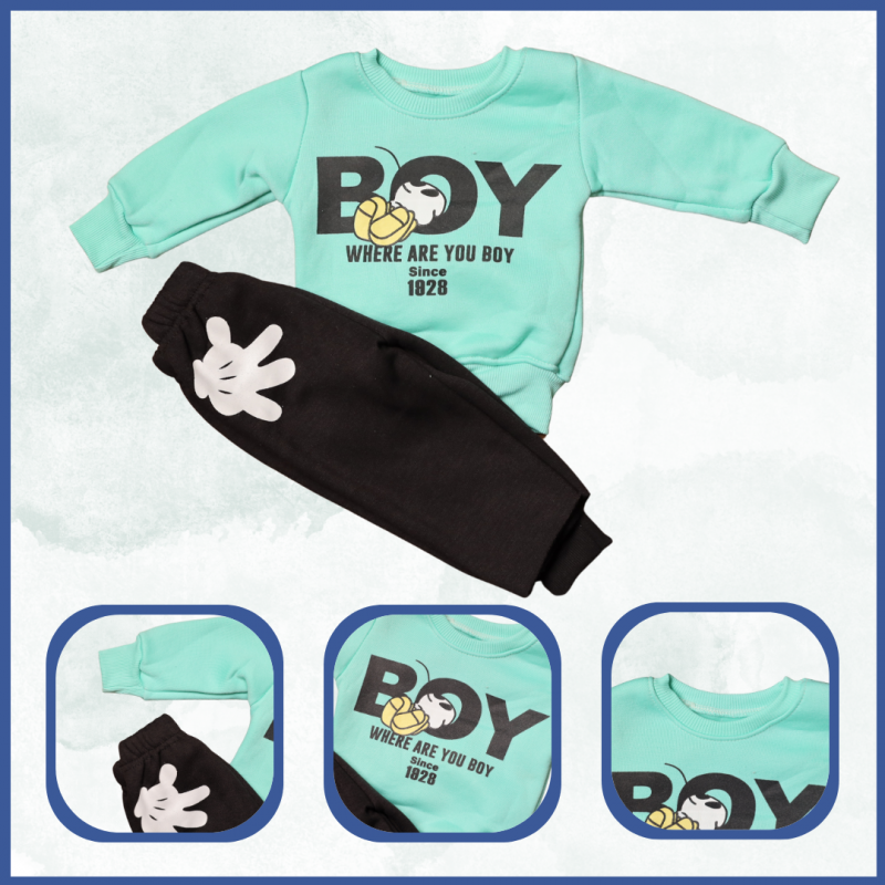 ⁦بجامة فوتر شتوية (قطعتين) للأطفال ولادي لون أخضر وأسود⁩ - الصورة ⁦1⁩