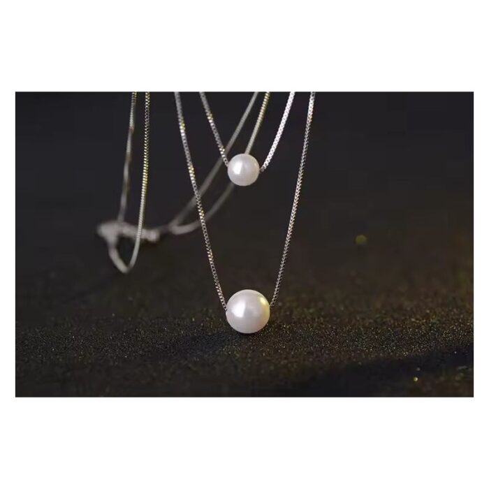 ⁦سلسال فضي طبقتين مع لولو عيار 925⁩ - الصورة ⁦3⁩