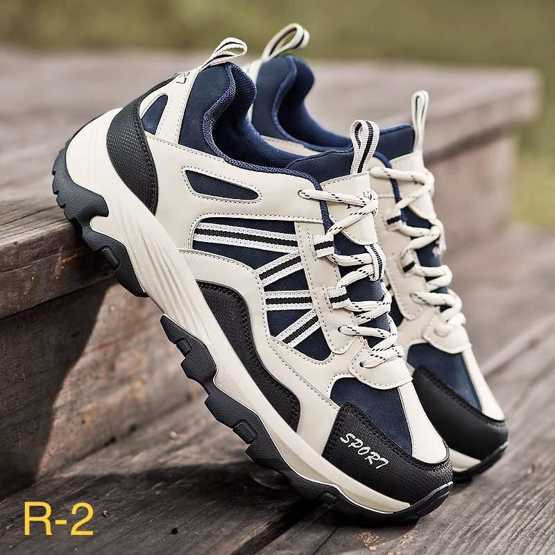 ⁦حذاء فاشن بيج وكحلي جلد وشمواه مع رباط للرجال⁩ - الصورة ⁦1⁩