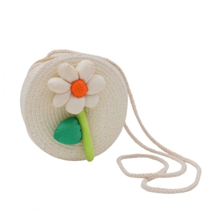 1033754284_67dc790ce5842 شنطة بناتي لطيفة - مصنوعة من القش عليها وردة دوار الشمس- لون أبيض - الصورة 1