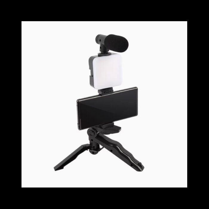 1033754334_67dc797f410bc حامل هاتف ثلاثي القوائم وميكروفون صغير وضوء ليد لتصوير الفيديو للسوشال ميديا - الصورة 1