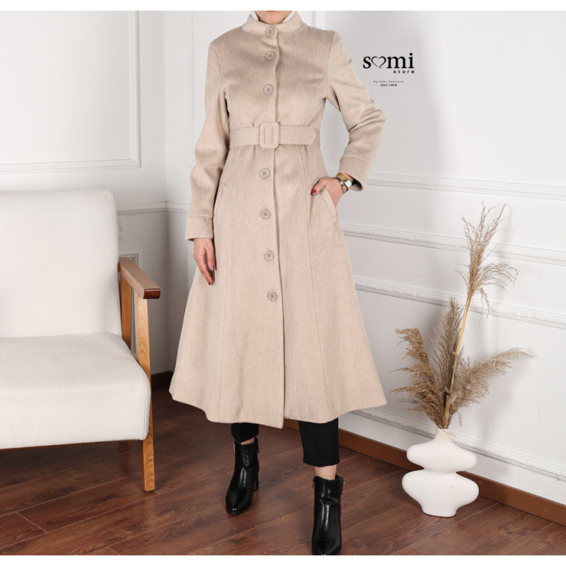 ⁦جاكيت صوف طويل للنساء لون بيج فاتح⁩ - الصورة ⁦1⁩