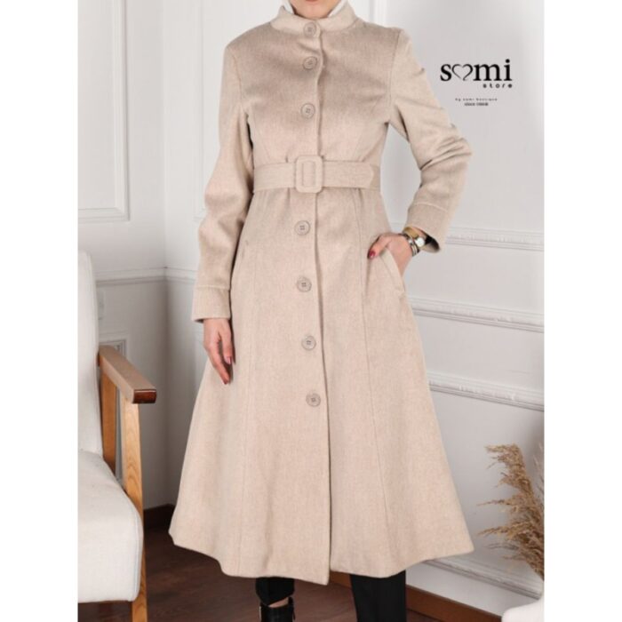 ⁦جاكيت صوف طويل للنساء لون بيج فاتح⁩ - الصورة ⁦5⁩