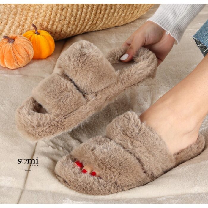 ⁦شبشب فرو بتصميم حزامين للنساء لون بني⁩ - الصورة ⁦2⁩