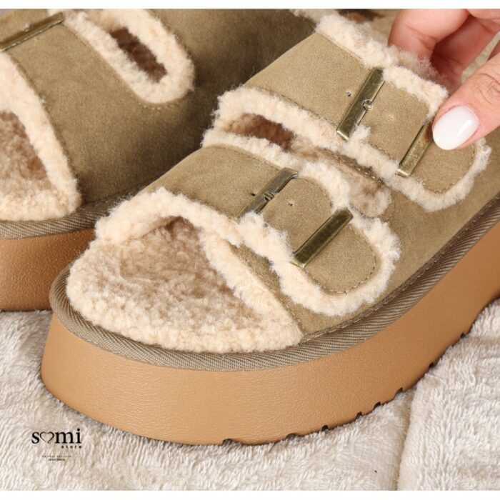 1033754652_67dc7bf2254c0 شبشب فرو منزلي بتصميم حزامين أمامين للنساء لون زيتي - الصورة 1