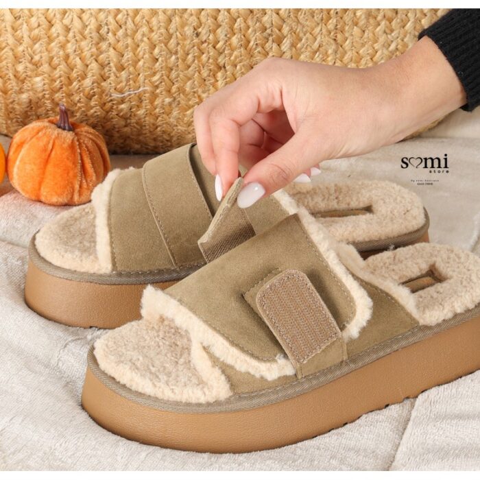 ⁦شبشب فرو منزلي بتصميم حزام لاصق للنساء لون زيتي⁩ - الصورة ⁦2⁩