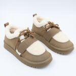 حذاء بأربطة مبطن فرو بنعل عريض للنساء لون زيتي