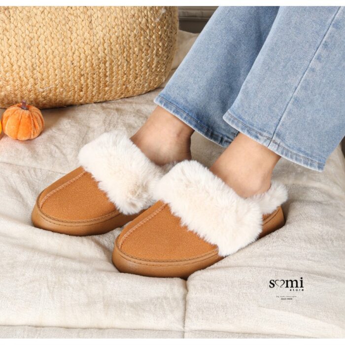 ⁦حذاء مبطن فرو بنعل عريض للنساء لون عسلي⁩ - الصورة ⁦6⁩